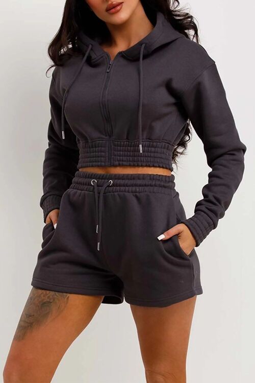 CROPPED ZIPPED HOODIE AND SHORT CO-ORDS SET-1886