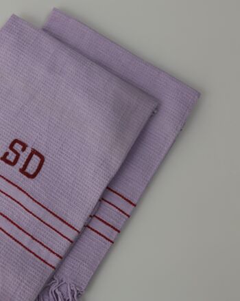 Torchon vintage rayé - monogramme SD - lilas 4