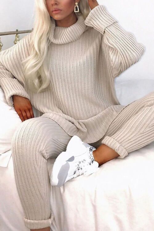 RIB KNIT ROLL NECK OVERSIZED LOUNGE SET - 9089