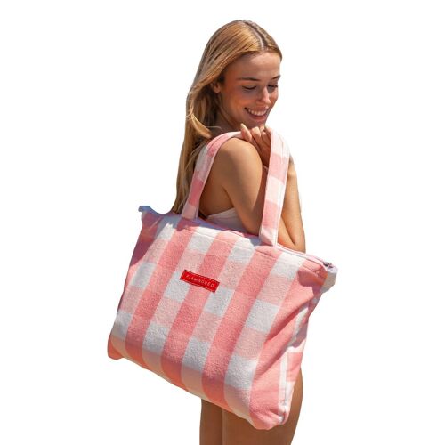 Bolsa con Toalla Playa Grande, Cojín Incluido, Estampado Vichy Rosa