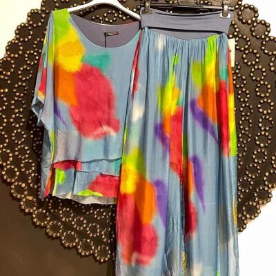 Multicolor Italian Silk Blouse + Women's Pants Set