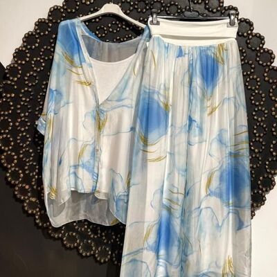 Women's Silk Blouse + Pants Set with Cloud Design