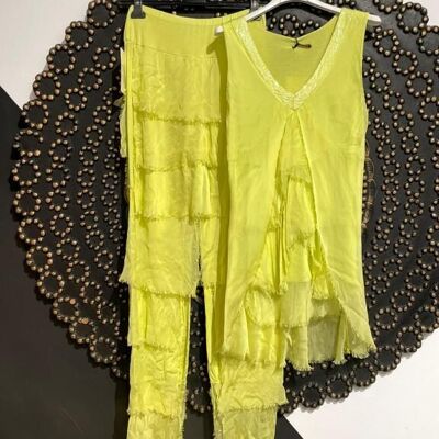 Women's Sleeveless Italian Silk Blouse + Pants Set