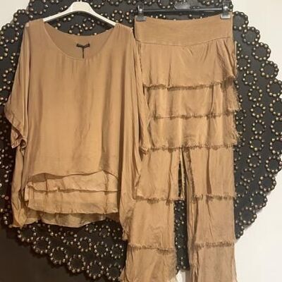Women's Silk Blouse with Sleeves + Tiered Pants Set