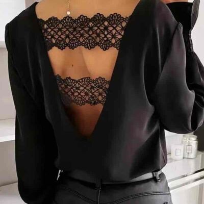 Top blusa in pizzo tinta unita con schiena scoperta - 5647