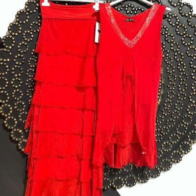 Women's Sleeveless Silk Blouse + Tiered Dress Set