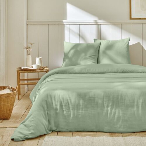 Housse de couette 240x260 + taies Gaze de Coton Vert Olive