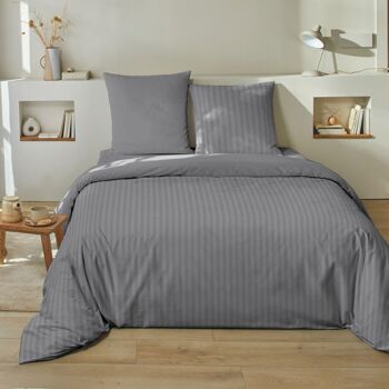 Housse de couette 240x260 + taies Satin de Coton Raye Gris 1