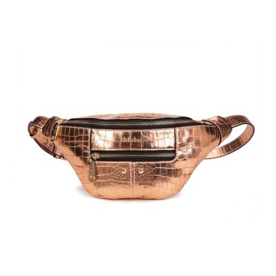 Triomf fanny pack worn cross-body or at the waist in rose gold cro leather
