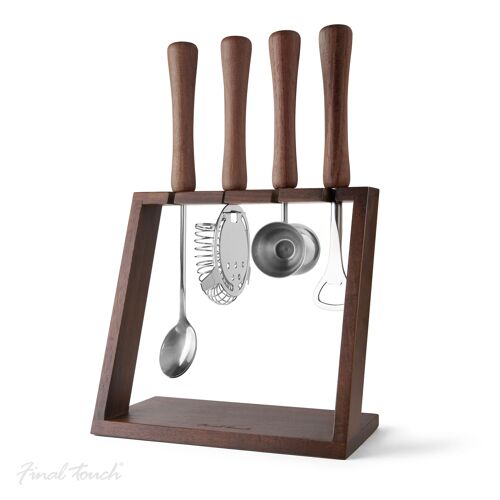 FINAL TOUCH 4 PCE BAR TOOL SET WITH WOODEN STAND AND WOODEN HANDLES