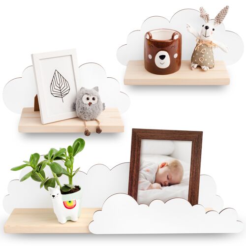 Wall shelf cloud nursery - Cloud shelf nursery in white - Natural wood - Cloud-shaped wooden shelves for baby room, incl. brackets & fixing plugs - Set of 3 pieces