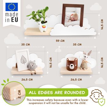 Étagère murale Cloud Nursery - Étagère Cloud Nursery en blanc - Bois naturel - Étagères en bois en forme de nuage pour chambre de bébé, incl. équerres & chevilles de fixation - Set de 3 pièces 2