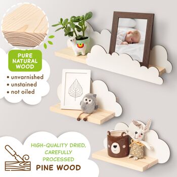 Étagère murale Cloud Nursery - Étagère Cloud Nursery en blanc - Bois naturel - Étagères en bois en forme de nuage pour chambre de bébé, incl. équerres & chevilles de fixation - Set de 3 pièces 3