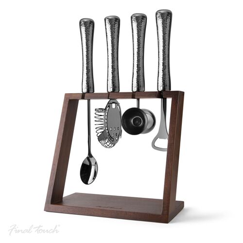 FINAL TOUCH 4 PCE BARWARE SET WITH WOODEN STAND AND BLACK CHROME HANDLED TOOLS