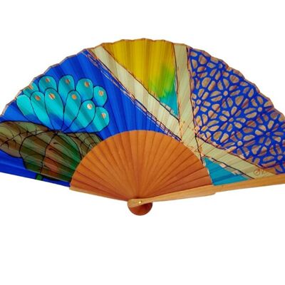 Hand painted silk fan with modern floral design in golden blue