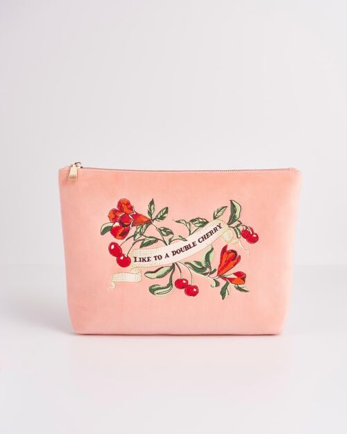 Midsummer Dream Cherry Embroidered Peach Velvet Pouch