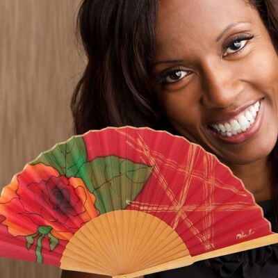 Silk fan with red rose floral design