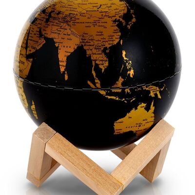 GLOBE 14 CM NOIR ET OR LUMINEUX SUPPORT BOIS