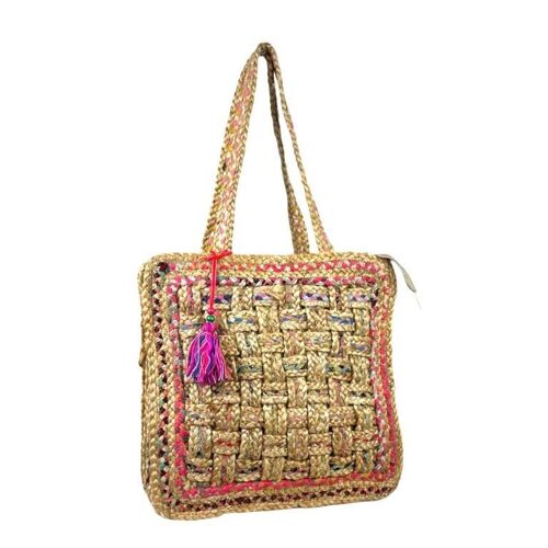 Bolso Yute y Crochet con Bordado a Mano y Diseño Cuadrado