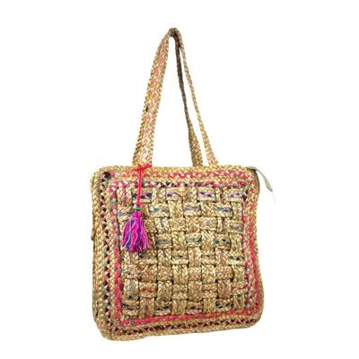 Jute and Crochet Bag with Hand Embroidery and Square Design