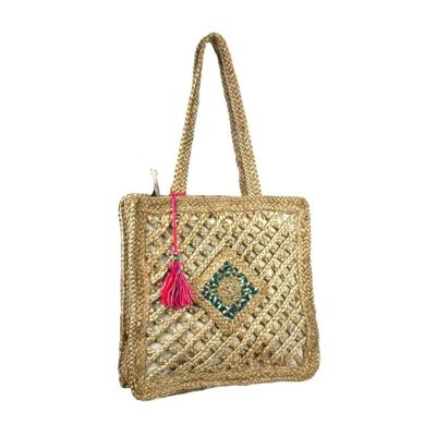 Große handgefertigte Jute- und Häkeltasche mit Handstickerei