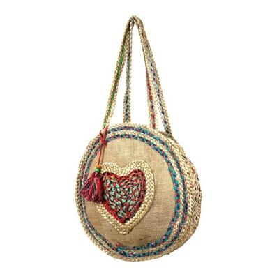 Handmade Circular Jute Bag with 2 Handles and Heart Design