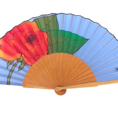 Turquoise natural silk fan and red flower