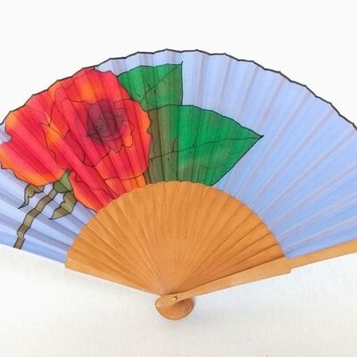Natural silk fan with floral design in sky blue color