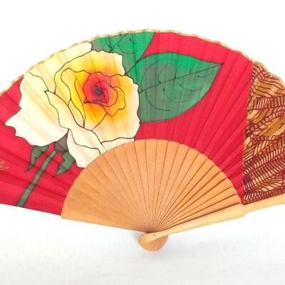 Red natural silk fan with white rose