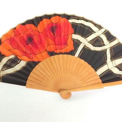 Black natural silk fan with red roses