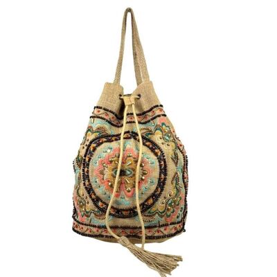 Sac à dos-épaule en jute fait main pour femme avec broderie à la main