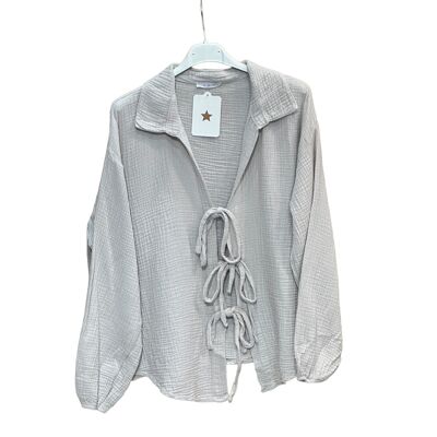 3-knot long-sleeved cotton gauze blouse