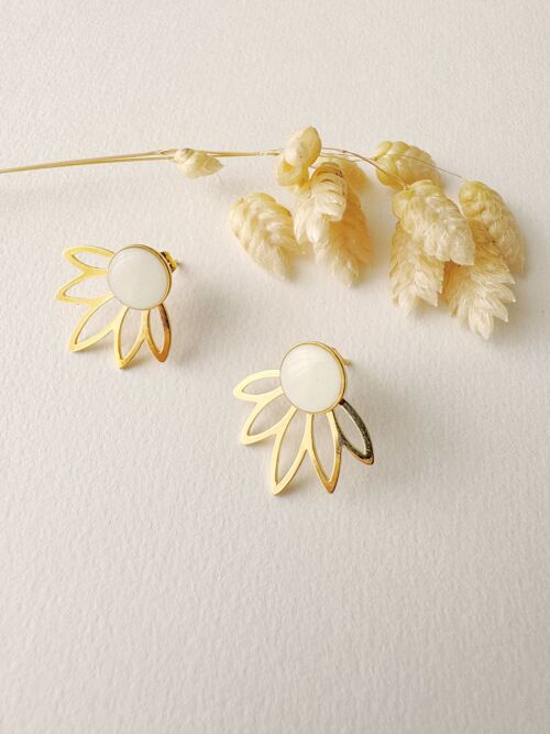 Boucles d’oreilles LOTUS blanche, puces modulables, 3 en 1