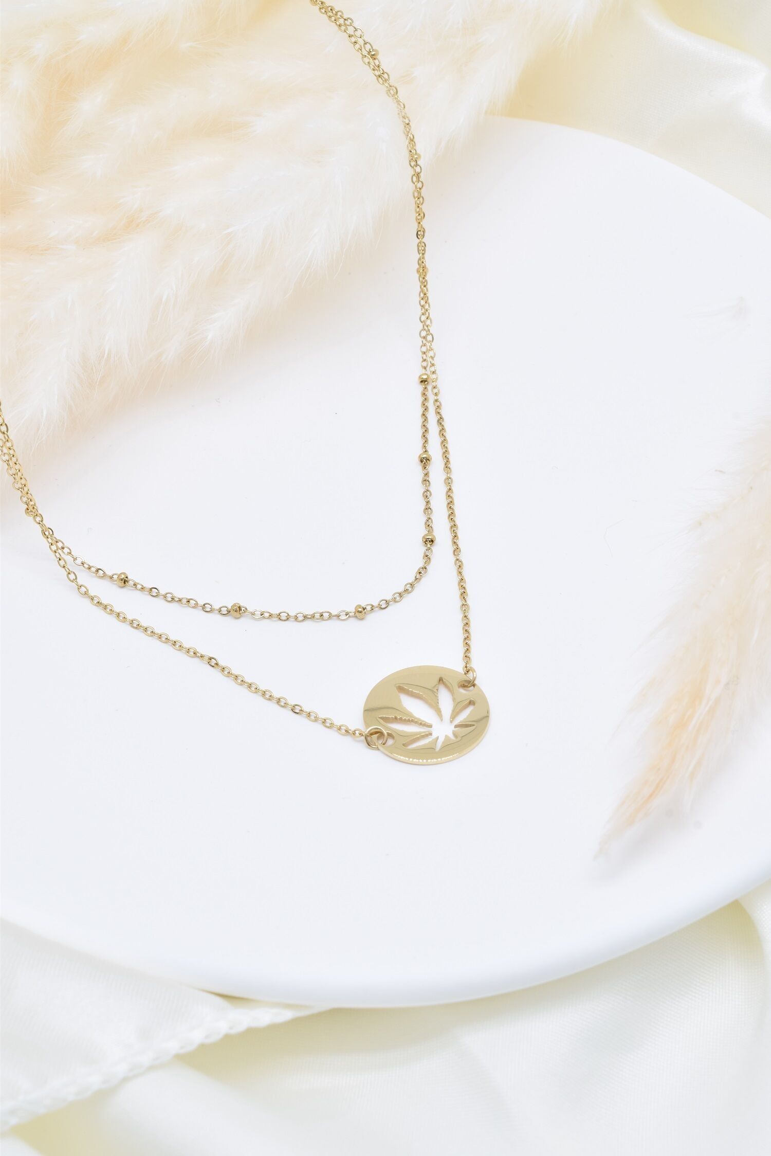 Collier double rang feuille  en acier inoxydable - BJ210174