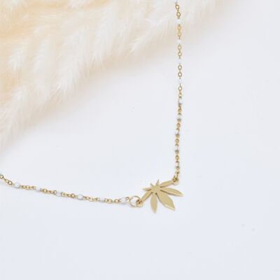 White Enamel Leaf Necklace in Stainless Steel - BJ210175OR-BC