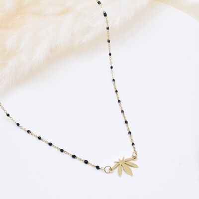 Black Enamel Leaf Necklace in Stainless Steel - BJ210175OR-NO