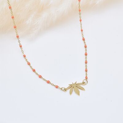 Orange enamel leaf necklace in stainless steel - BJ210175OR-OR