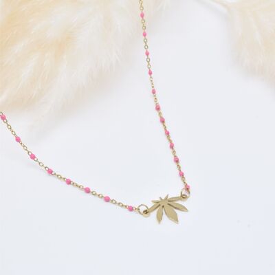 Stainless Steel Pink Enamel Leaf Necklace - BJ210175OR-RO