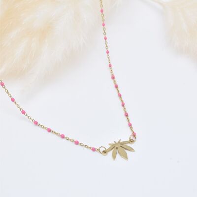 Collier feuille émail rose en acier inoxydable - BJ210175OR-RO