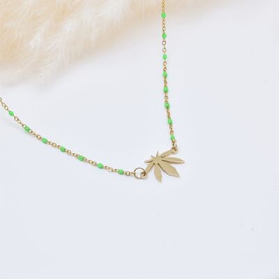 Green Enamel Leaf Necklace in Stainless Steel - BJ210175OR-VR