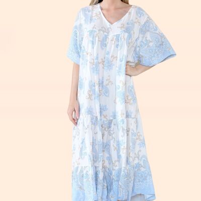Plus Size Tiered Ruffled Dress with Flutter Sleeves and V Neck in Paisley Print
