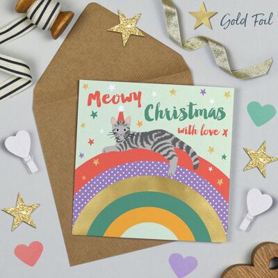 Sobre el arco iris Meowy Navidad gato atigrado gris