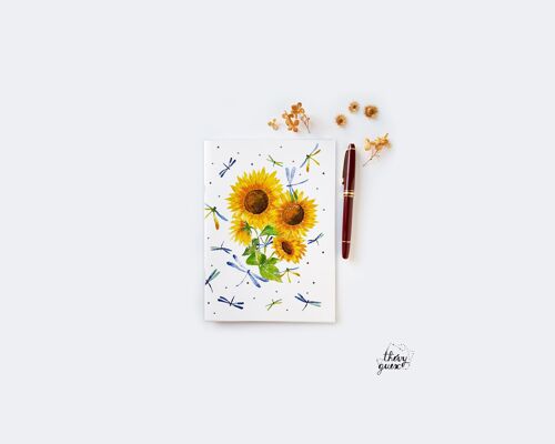 CARNET LIGNÉ ILLUSTRÉ TOURNESOLS ET LIBELLULES BLEUES AQUARELLE