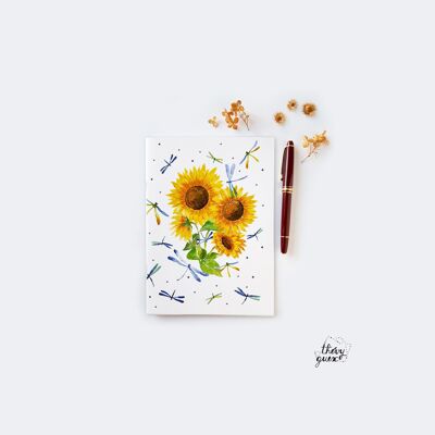 LINED NOTEBOOK ILLUSTRATED WITH SUNFLOWERS AND BLUE DRAGONFLY WATERCOLOR