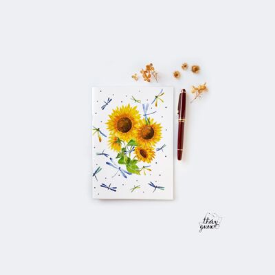 CARNET LIGNÉ ILLUSTRÉ TOURNESOLS ET LIBELLULES BLEUES AQUARELLE