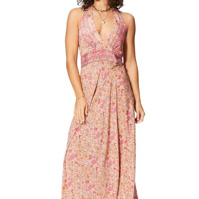 VESTIDO LARGO DE VERANO CON ESPALDA ABIERTA ESTAMPADO FLORAL ROSA BEIGE MAXIPA0644A