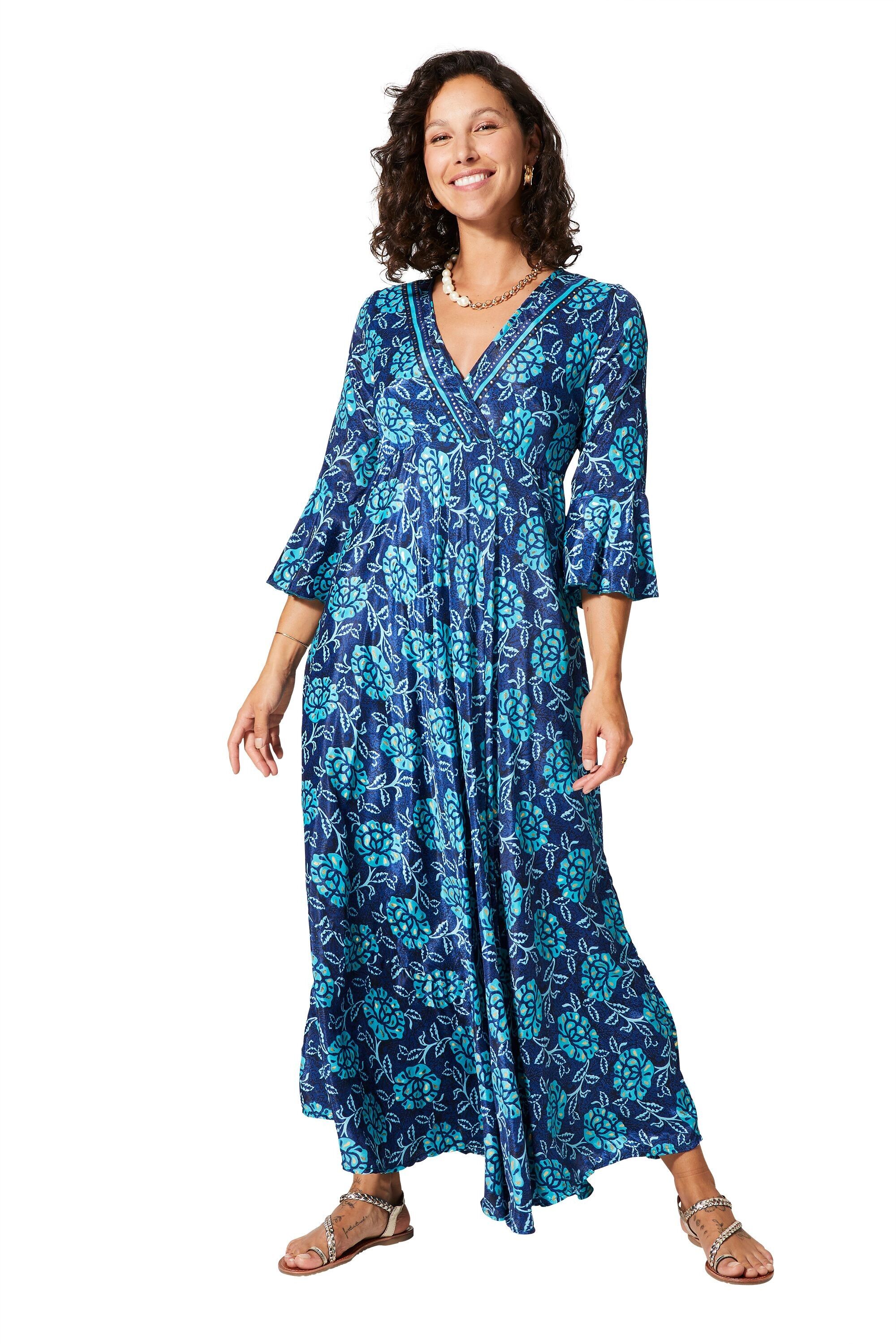 Langes sommerliches Bohème-Abendkleid mit 3/4-Ärmeln und goldenen Mustern MAXIPA2013D