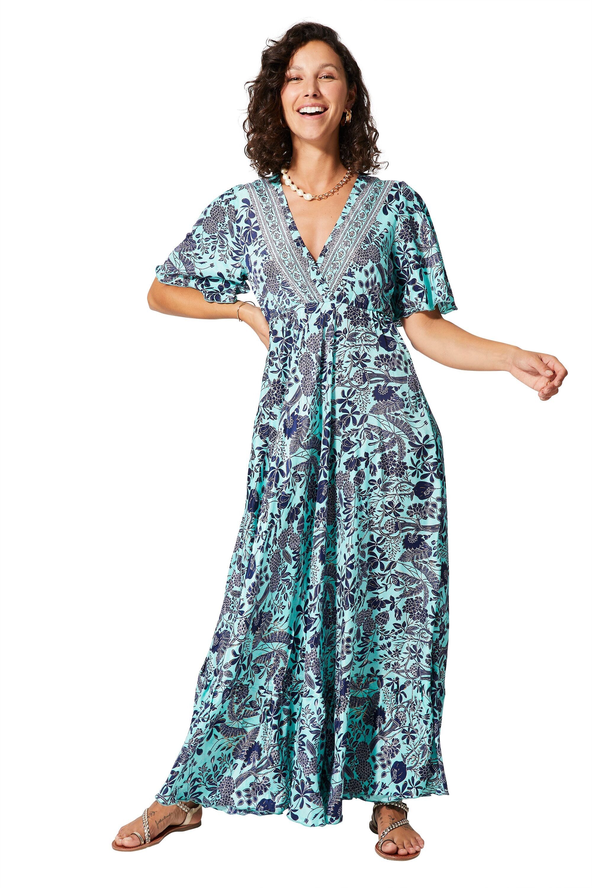 LANGES SOMMERKLEID IM BOHEMIAN-STIL MIT KURZEN ÄRMELN UND GOLDMUSTER MAXIPA2012O