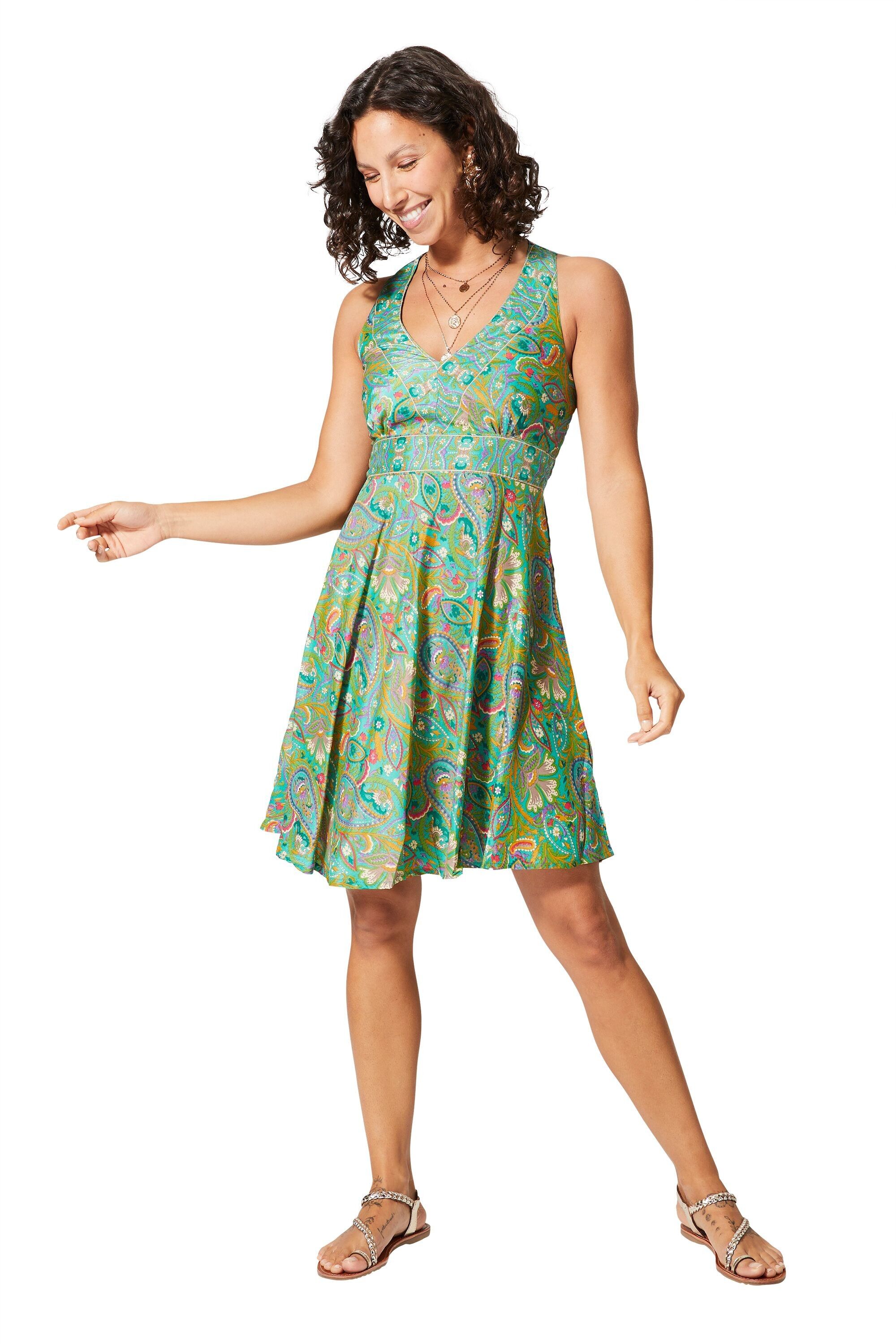 KURZES SOMMERKLEID MIT GRÜNEM RAUTENRÜCKEN UND GOLDMUSTER RLIP2005J