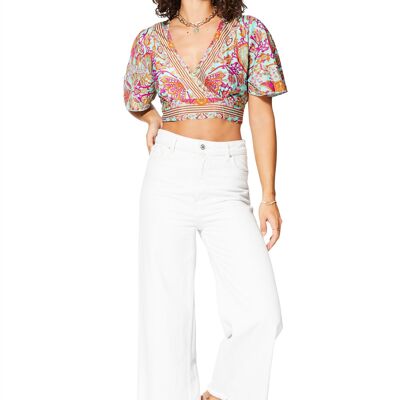 TURQUOISE AND PINK SHORT SLEEVE V-NECK CROP TOP WITH GOLD PATTERNS TIP2001B